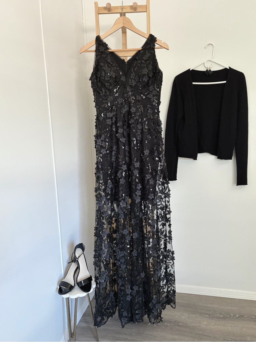 Xscape Black Sequin & Flower Gown